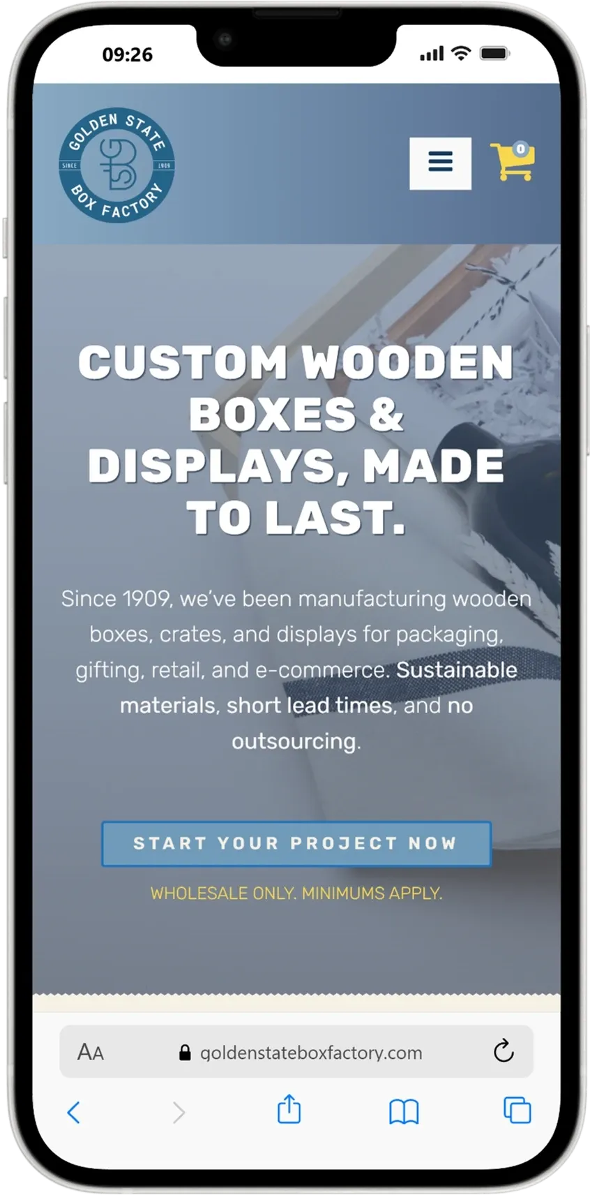Golden State Box Factory website on mobile