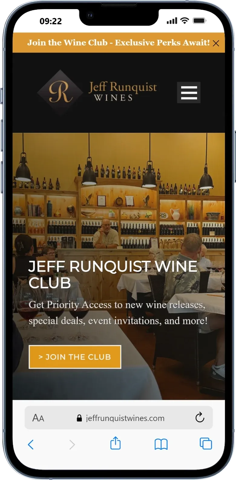 Jeff Runquist Wines website on mobile